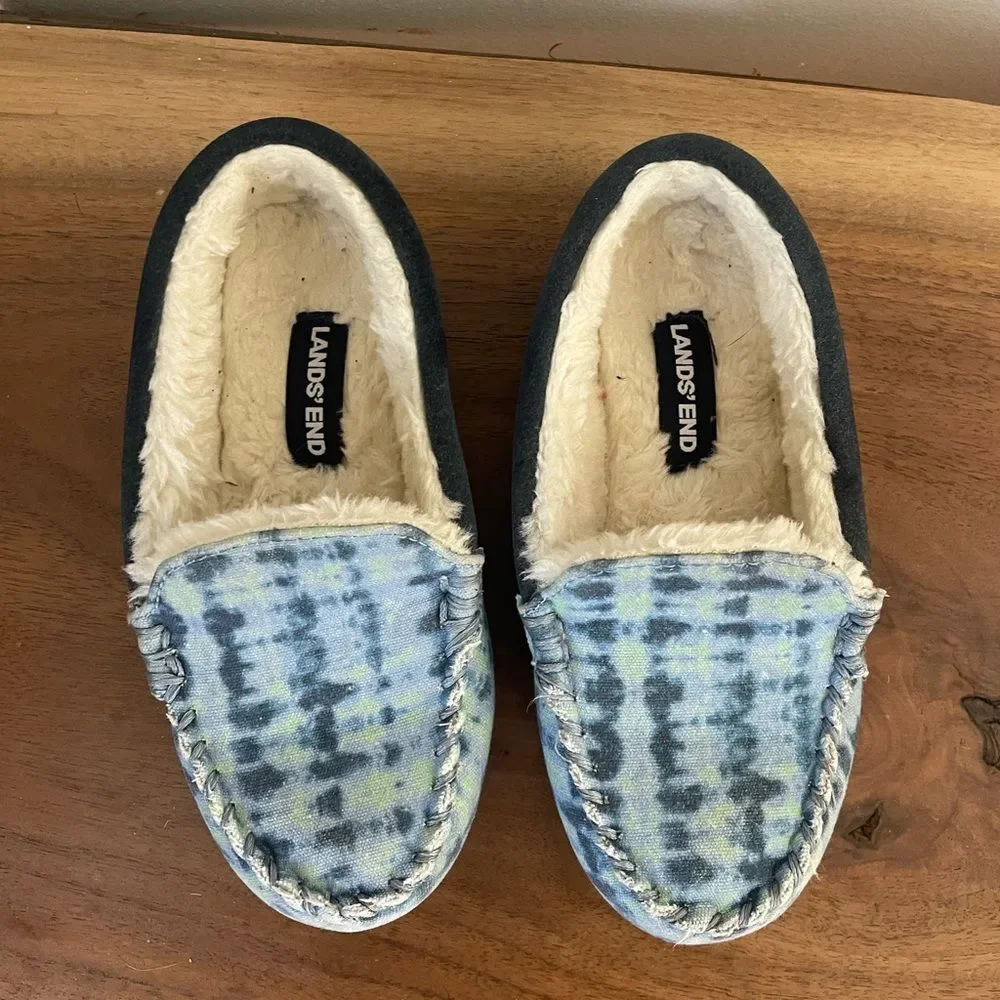 Lands End Slippers Youth 12m Slip On Moccasins Blue Comfort Faux Fur Tie Dye